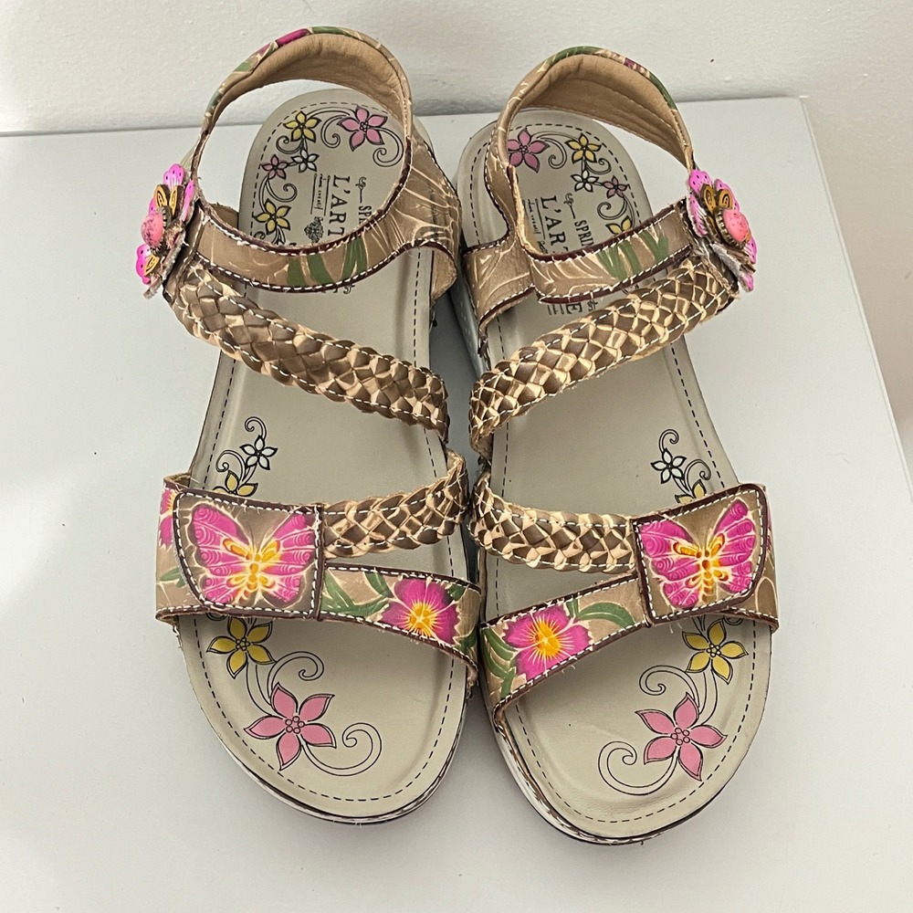 Spring Step L'Artiste Brissa Sandals Womens 40 Tan Floral Butterfly Leather